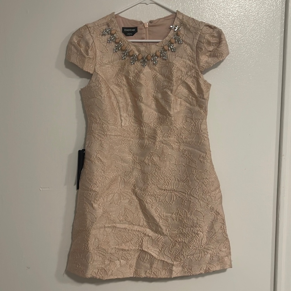 Bebe pastel light pink metallic dress with beaded neckline